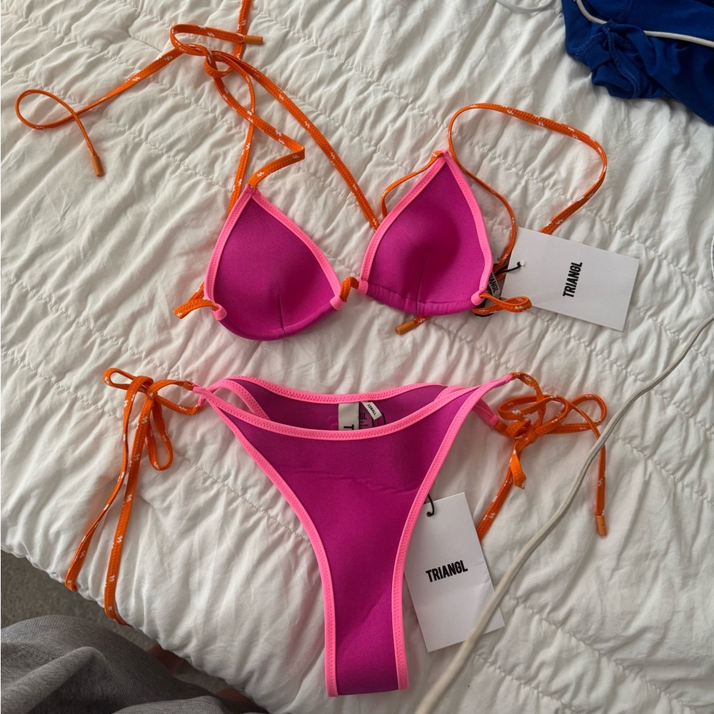 triangl swimwear Hot Pink Bikini with Orange Trim and Ties